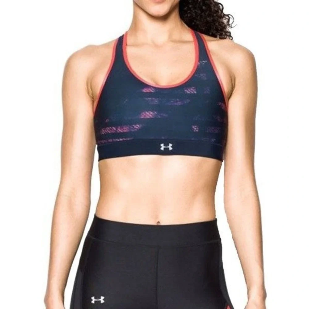 Under Armour Womens Compression Sports Bra Dark Blue Pink Large - Picture 2 of 9